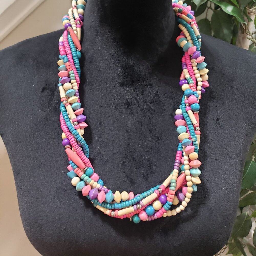 Women's Pink & Blue Round Twisted Beaded with Lobster Clasp Necklace